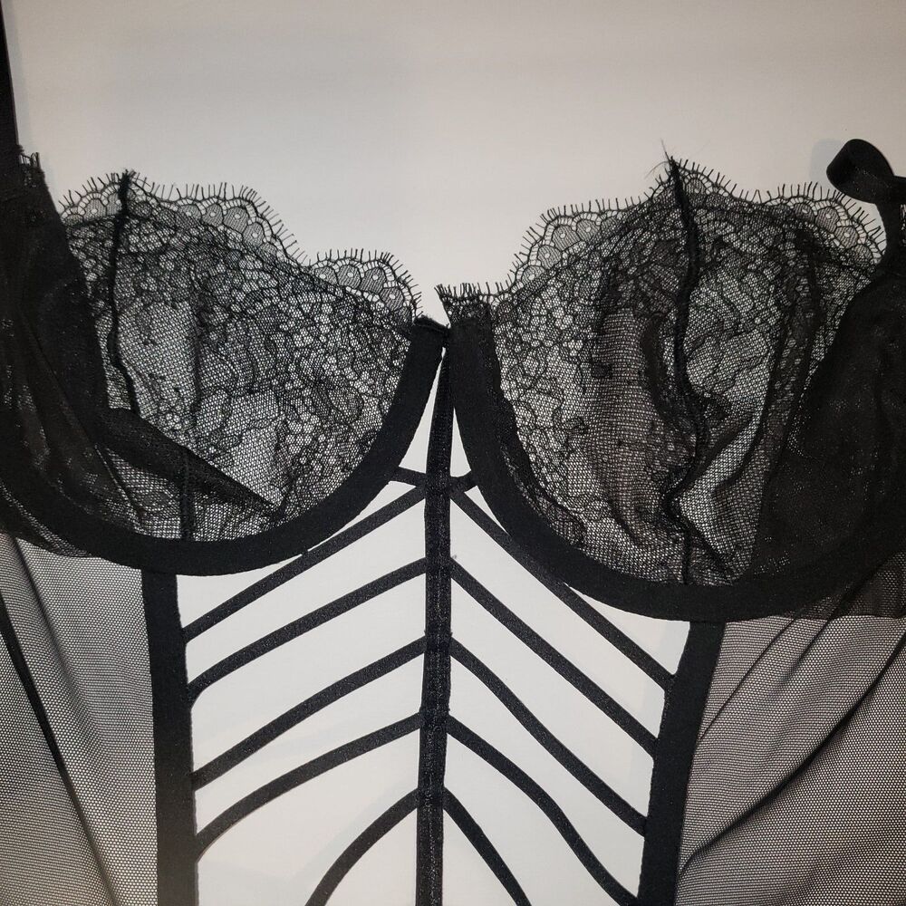 Victorias Secret Black Lace and Mesh Longline Corset Nightie Womens Size 36D - Picture 4 of 10